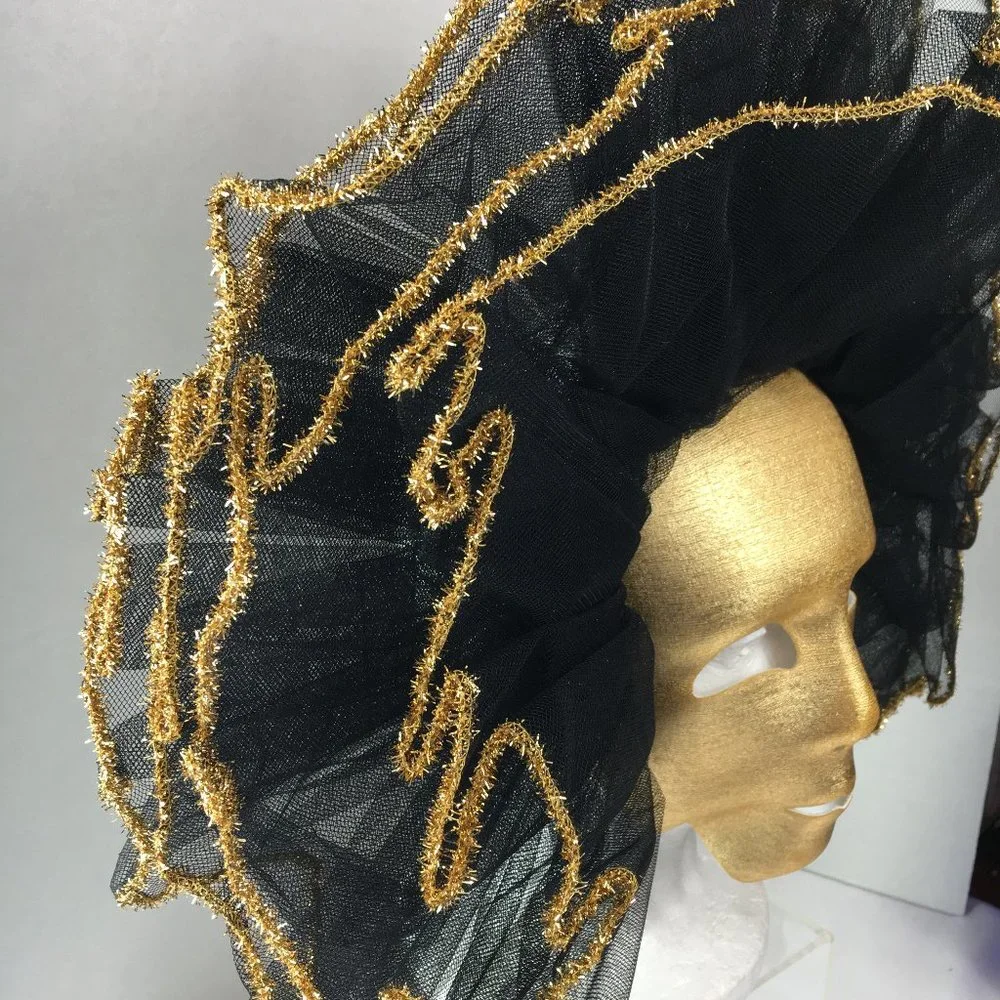 Vintage Venetian Gold Fabric Mask w/ Blk Net Ruffles NOS NWOT